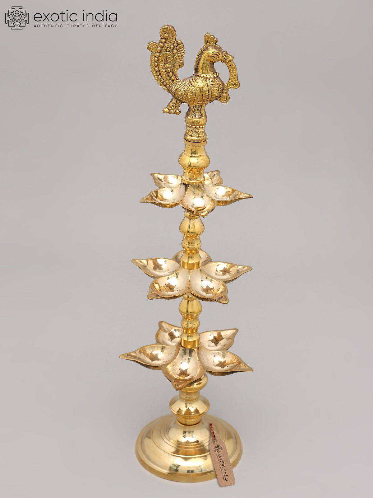 20" Handmade Brass Peacock Oil Lamp with Fifteen Wicks
