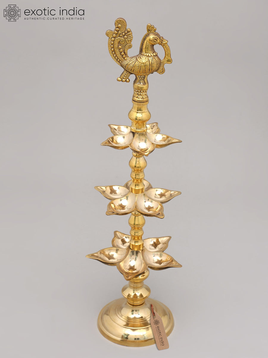 20" Handmade Brass Peacock Oil Lamp with Fifteen Wicks