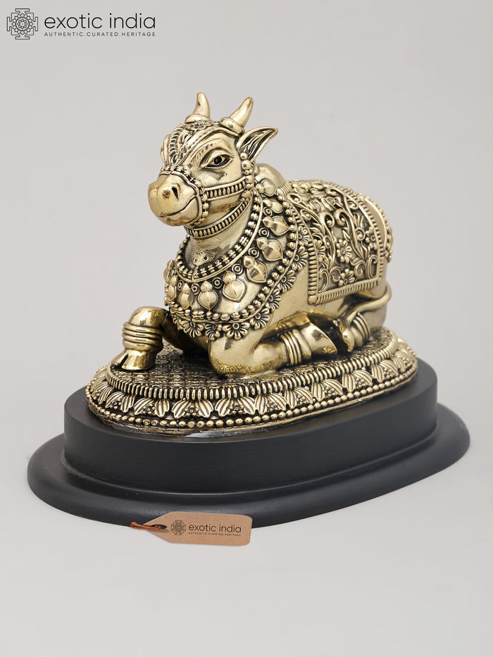 6" Handmade Brass Seated Nandi Idol with Wood Base