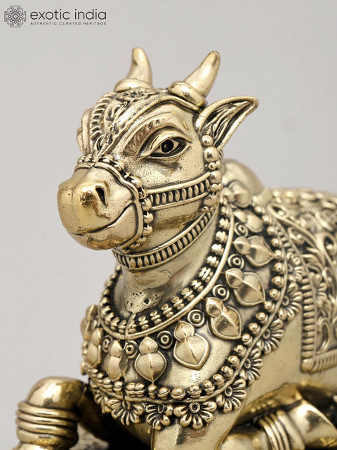 6" Superfine Seated Nandi Idol - The Vahana of Shiva with Intricate Carving and Wood Base | Brass Statue