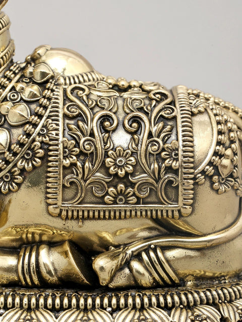6" Superfine Seated Nandi Idol - The Vahana of Shiva with Intricate Carving and Wood Base | Brass Statue