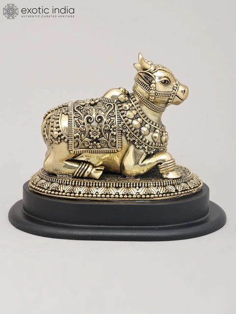 6" Superfine Seated Nandi Idol - The Vahana of Shiva with Intricate Carving and Wood Base | Brass Statue
