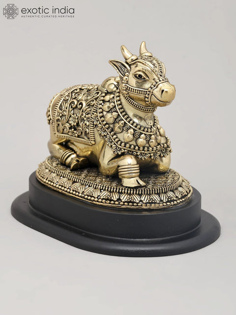 6" Superfine Seated Nandi Idol - The Vahana of Shiva with Intricate Carving and Wood Base | Brass Statue