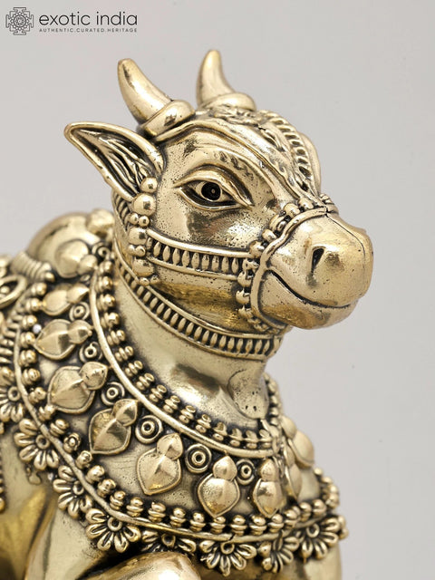 6" Superfine Seated Nandi Idol - The Vahana of Shiva with Intricate Carving and Wood Base | Brass Statue