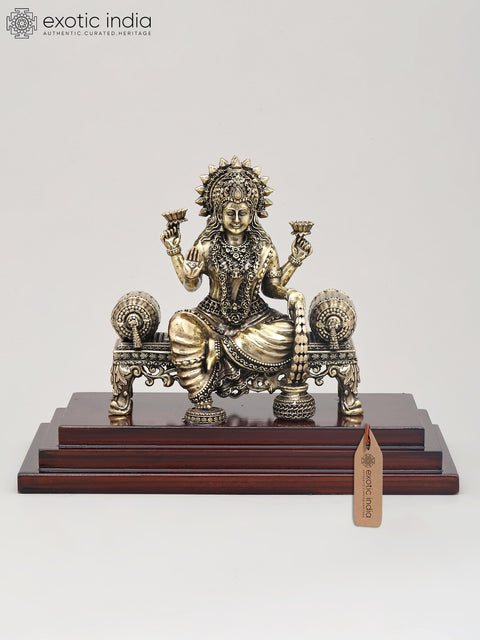 9" Superfine Four Armed Goddess Dhanalakshmi Seated on Asana with Wood Base | Brass Idol