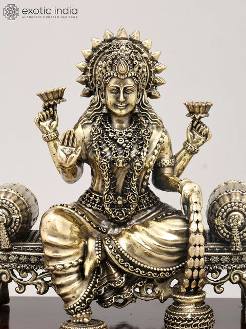 9" Superfine Four Armed Goddess Dhanalakshmi Seated on Asana with Wood Base | Brass Idol