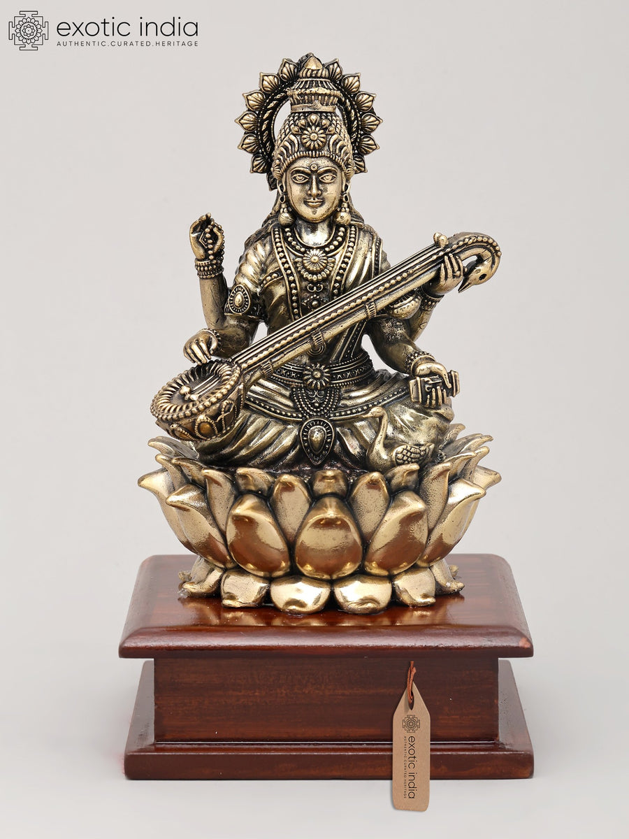 7" Handmade Brass Chaturbhuja Saraswati Seated on Lotus Sculpture