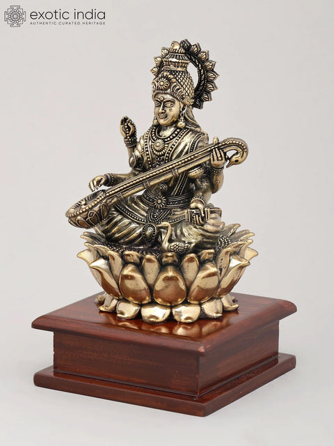 7" Superfine Chaturbhuja Goddess Saraswati Seated on Lotus with Wood Base | Brass Sculpture