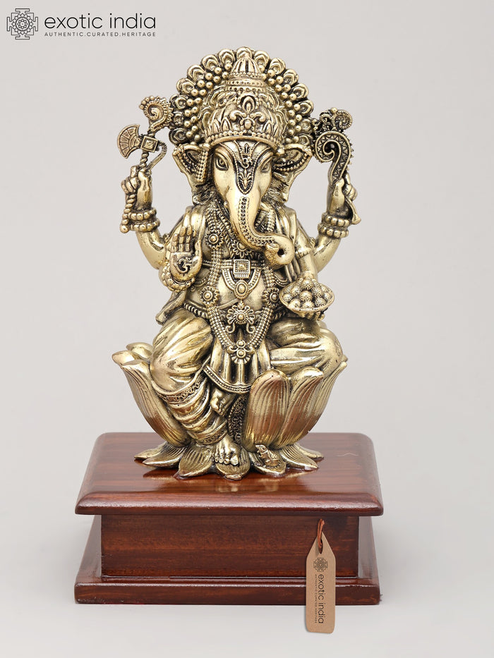 7" Handmade Lord Ganesha Seated on Lotus Brass Idol with Wood Base
