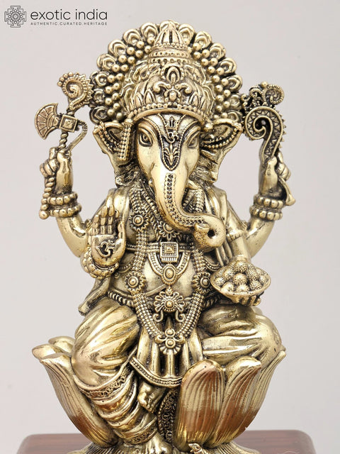 7" Superfine Lord Ganesha Seated on Lotus with Wood Base - The Remover of Obstacles | Brass Idol