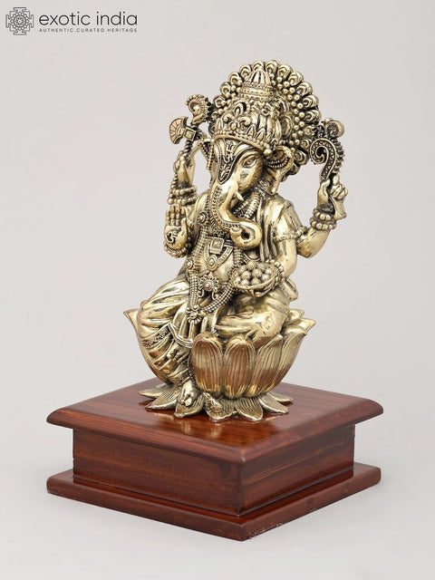 7" Superfine Lord Ganesha Seated on Lotus with Wood Base - The Remover of Obstacles | Brass Idol