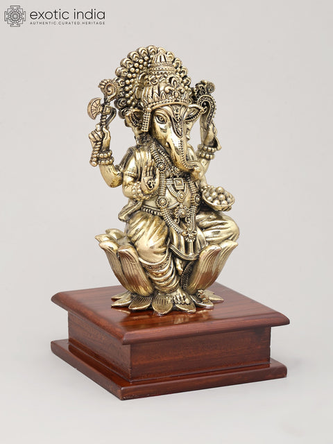 7" Superfine Lord Ganesha Seated on Lotus with Wood Base - The Remover of Obstacles | Brass Idol