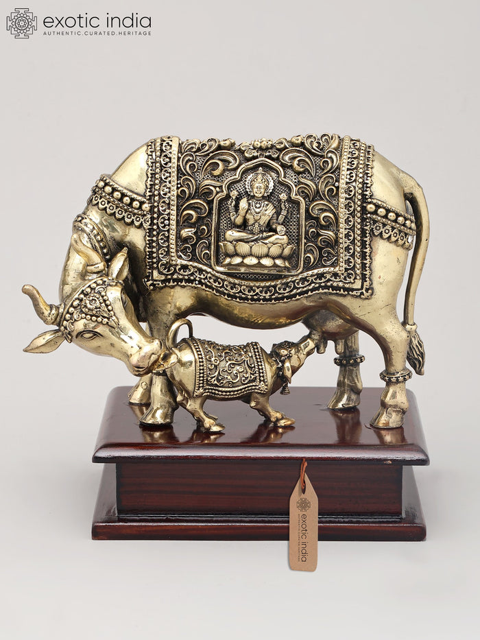 6" Superfine Goddess Kamdhenu Cow and Calf with Goddess Lakshmi Carving on Wood Base | Brass Statue
