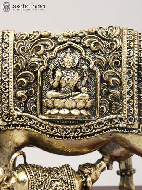 6" Superfine Goddess Kamdhenu Cow and Calf with Goddess Lakshmi Carving on Wood Base | Brass Statue