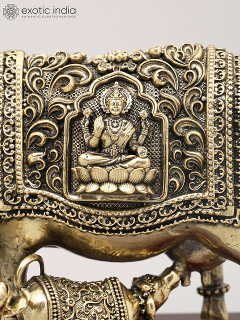 6" Superfine Goddess Kamdhenu Cow and Calf with Goddess Lakshmi Carving on Wood Base | Brass Statue