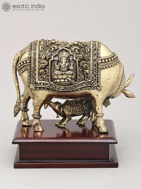 6" Superfine Goddess Kamdhenu Cow and Calf with Goddess Lakshmi Carving on Wood Base | Brass Statue