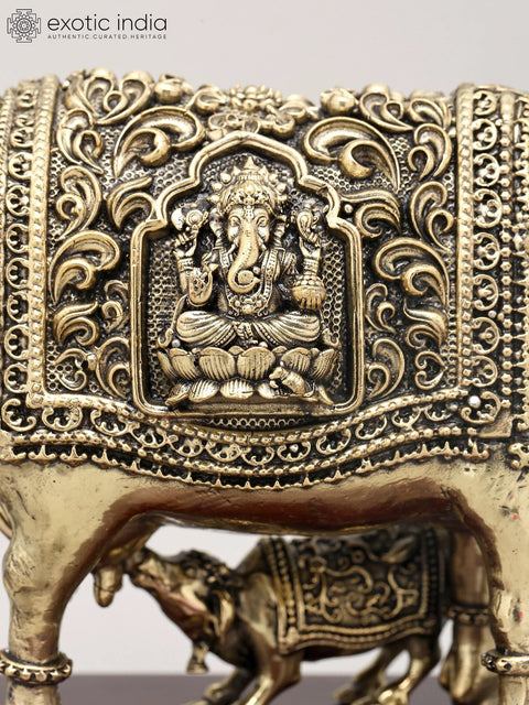 6" Superfine Goddess Kamdhenu Cow and Calf with Goddess Lakshmi Carving on Wood Base | Brass Statue