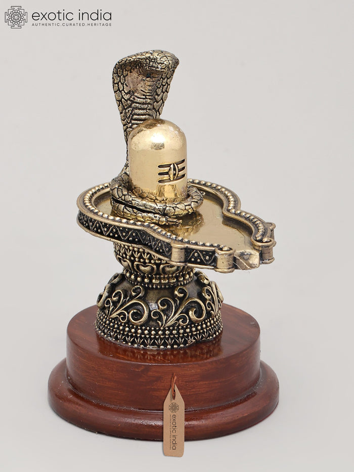 5" Brass Shiva Lingam Idol with Vasuki Serpent and Wood Base