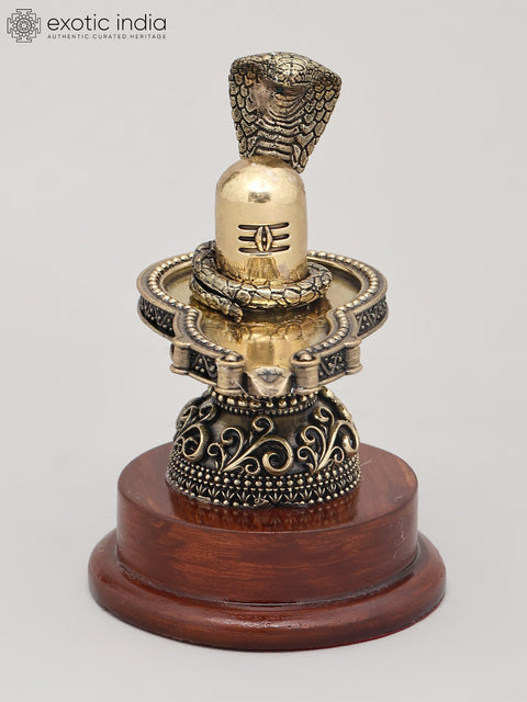 5" Small Superfine Idol of Shiva Lingam with Wood Base and Vasuki Serpent | Brass Statue