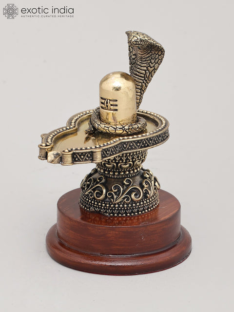 5" Small Superfine Idol of Shiva Lingam with Wood Base and Vasuki Serpent | Brass Statue