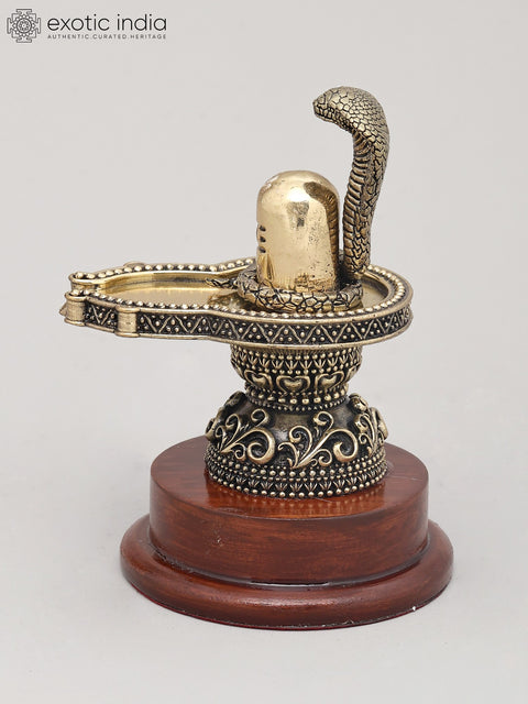 5" Small Superfine Idol of Shiva Lingam with Wood Base and Vasuki Serpent | Brass Statue