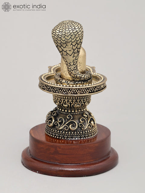 5" Small Superfine Idol of Shiva Lingam with Wood Base and Vasuki Serpent | Brass Statue