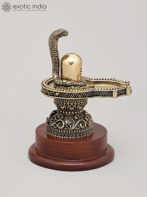 5" Small Superfine Idol of Shiva Lingam with Wood Base and Vasuki Serpent | Brass Statue