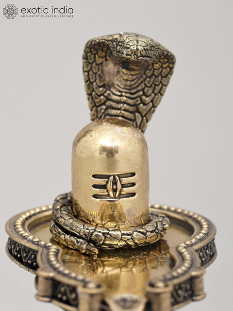 5" Small Superfine Idol of Shiva Lingam with Wood Base and Vasuki Serpent | Brass Statue