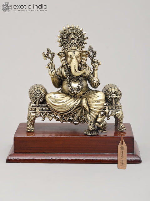 5" Small Superfine Lord Ganesha Seated on Ornate Throne with Wood Base | Brass Idol