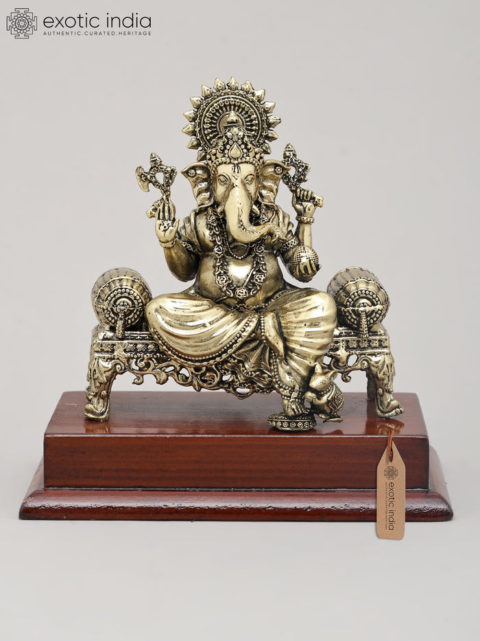 5" Superfine Lord Ganesha Seated on Throne Brass Idol with Wood Base