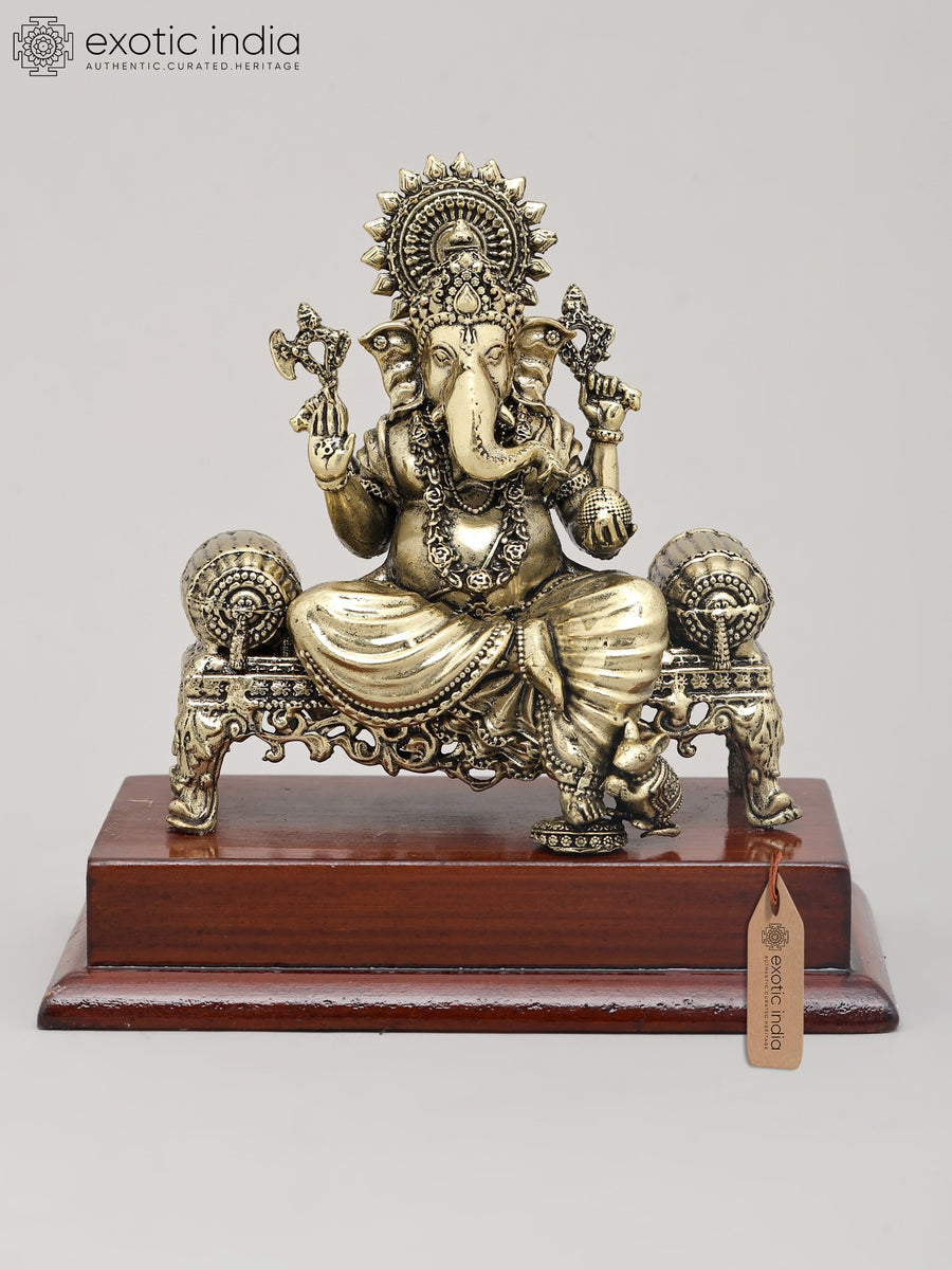 5" Superfine Lord Ganesha Seated on Throne Brass Idol with Wood Base