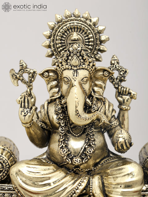 5" Small Superfine Lord Ganesha Seated on Ornate Throne with Wood Base | Brass Idol