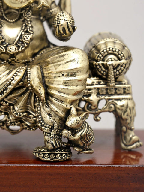 5" Small Superfine Lord Ganesha Seated on Ornate Throne with Wood Base | Brass Idol