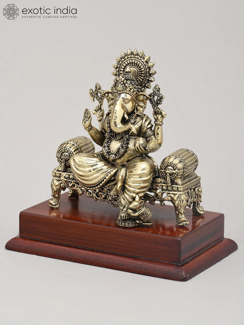 5" Small Superfine Lord Ganesha Seated on Ornate Throne with Wood Base | Brass Idol