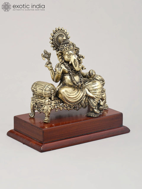 5" Small Superfine Lord Ganesha Seated on Ornate Throne with Wood Base | Brass Idol