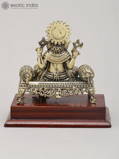 5" Small Superfine Lord Ganesha Seated on Ornate Throne with Wood Base | Brass Idol