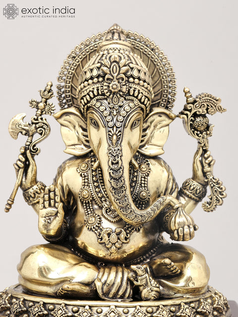 8" Superfine Chaturbhuja Lord Ganapati Holding Modak on Wood Base | Brass Statue