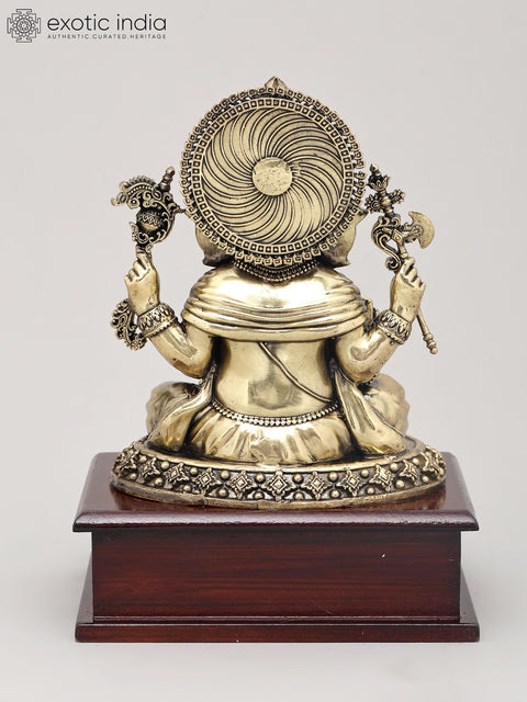 8" Superfine Chaturbhuja Lord Ganapati Holding Modak on Wood Base | Brass Statue