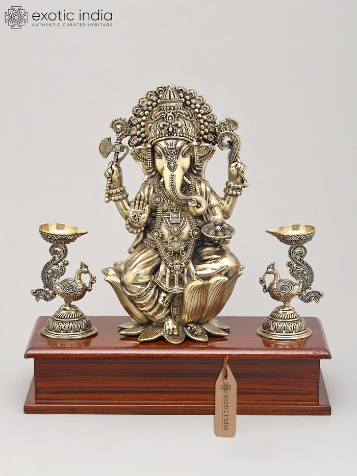 9" Handmade Lord Ganesha Brass Statue with Lotus and Oil Lamps