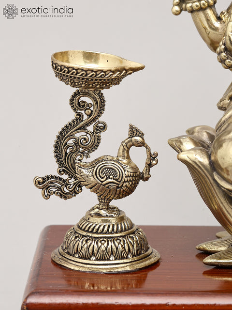 9" Superfine Lord Ganesha Seated on Lotus with Oil Lamps and Wood Base | Brass Sculpture