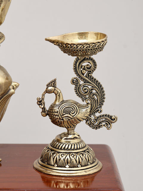 9" Superfine Lord Ganesha Seated on Lotus with Oil Lamps and Wood Base | Brass Sculpture