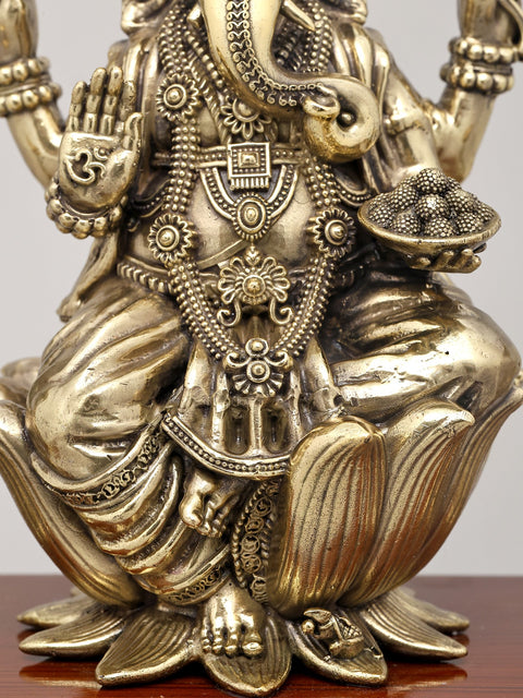 9" Superfine Lord Ganesha Seated on Lotus with Oil Lamps and Wood Base | Brass Sculpture