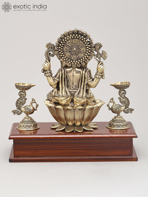 9" Superfine Lord Ganesha Seated on Lotus with Oil Lamps and Wood Base | Brass Sculpture