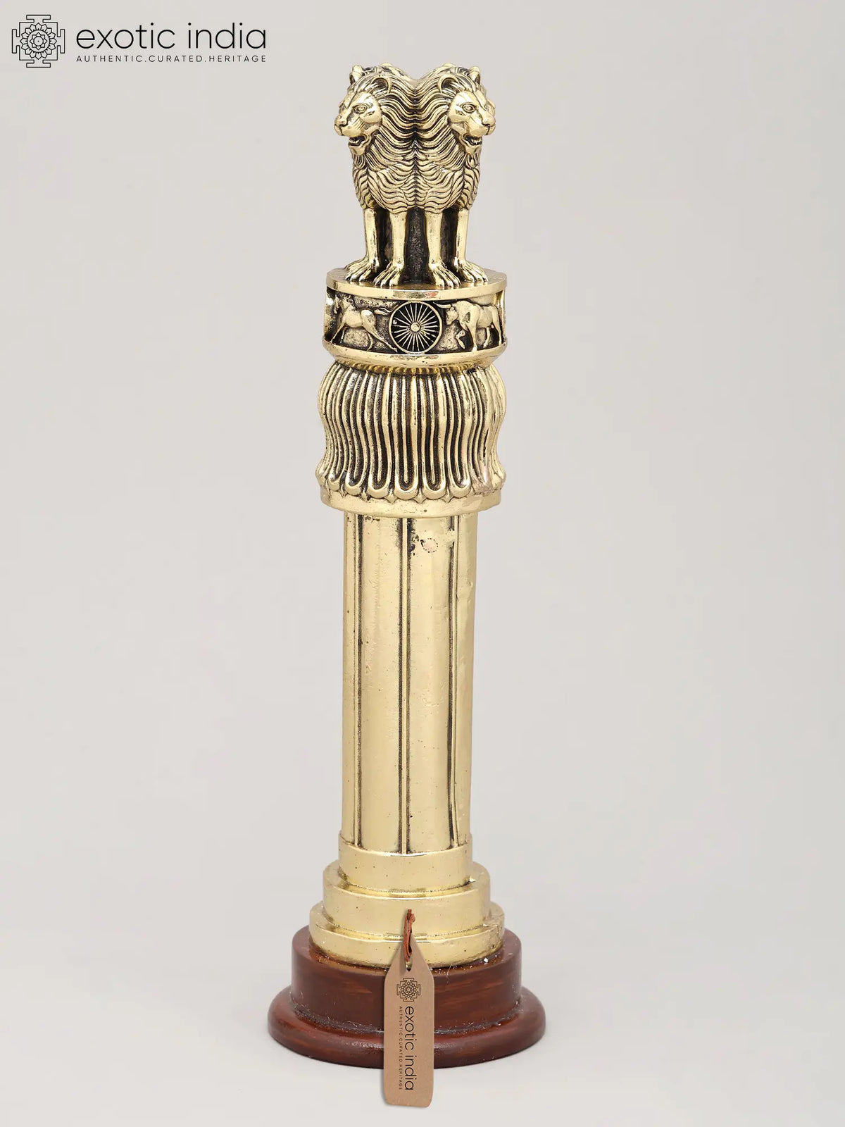 11" Ashoka Pillar (National Emblem) with Lion Capital on Wood Base - Symbol of Power, Peace and Dharma | Brass Statue