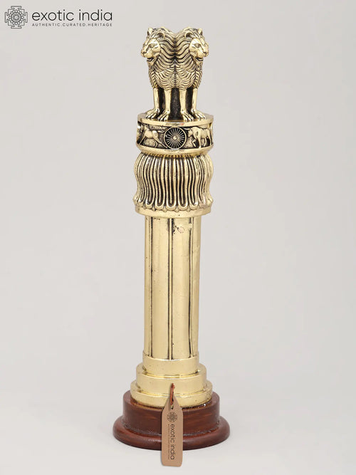 11" Brass Ashoka Pillar with Lion Capital Statue on Wood Base