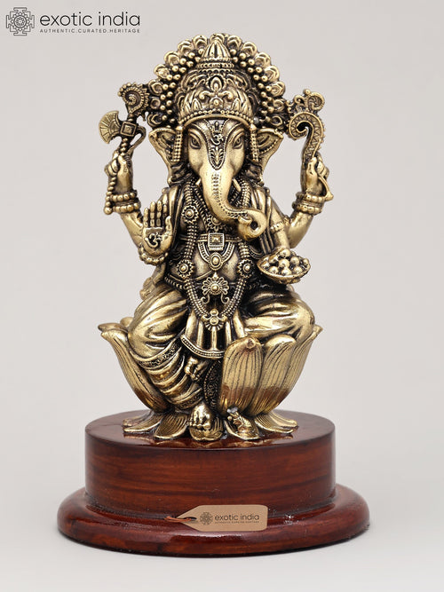 5" Handmade Brass Lord Ganesha Blessing Gesture Statue with Wood Base