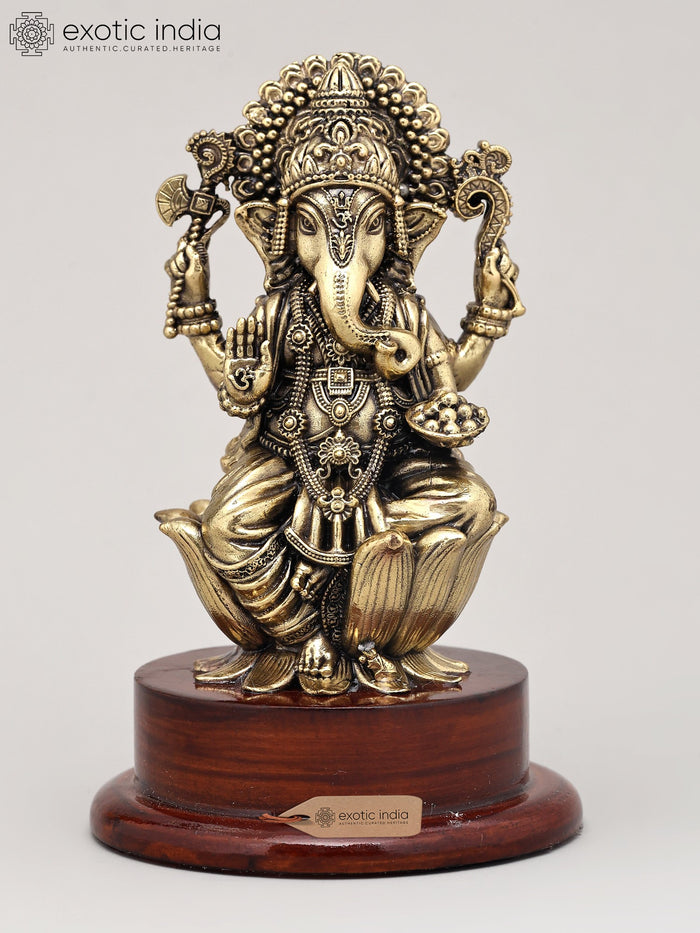 5" Handmade Brass Lord Ganesha Blessing Gesture Statue with Wood Base