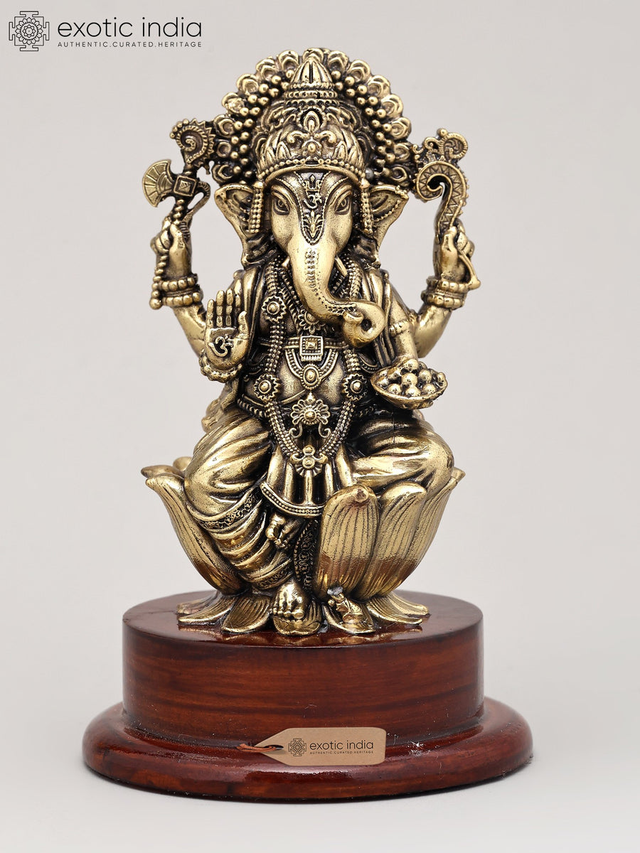 5" Handmade Brass Lord Ganesha Blessing Gesture Statue with Wood Base