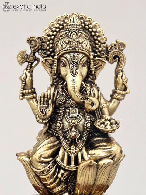 5" Small Superfine Lord Ganesha in Blessing Gesture with Wood Base | Brass Sculpture