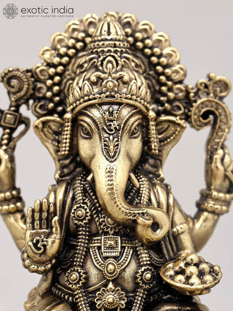 5" Small Superfine Lord Ganesha in Blessing Gesture with Wood Base | Brass Sculpture